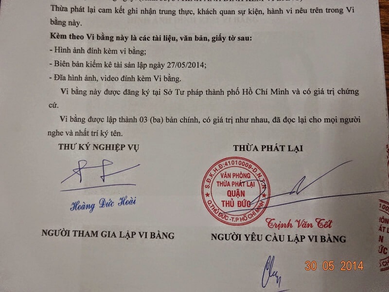 Trường hơp nào cần Thừa Phát Lại lập vi bằng