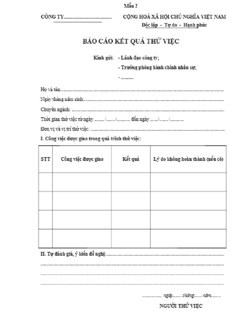 Mẫu báo cáo thử việc