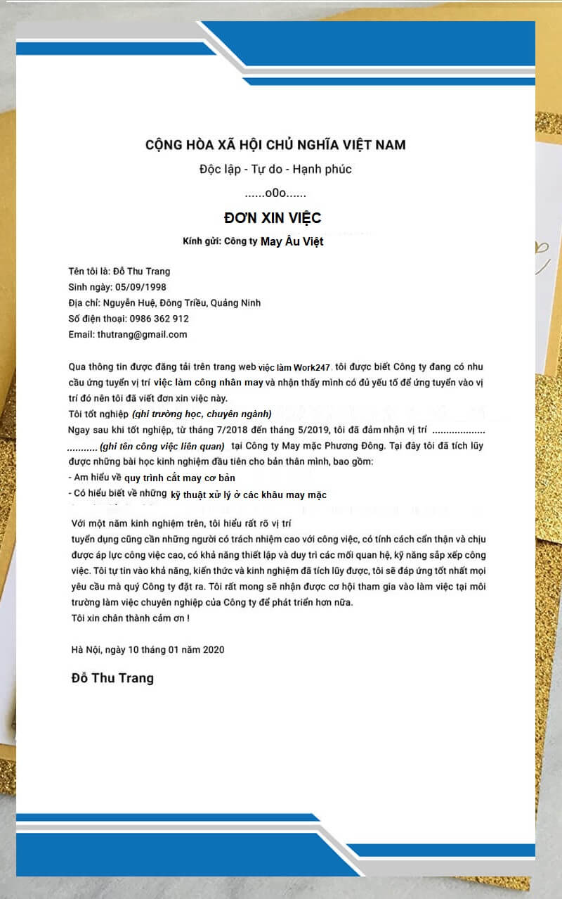 Bố cục tiêu chuẩn của mẫu đơn xin việc làm công nhân may