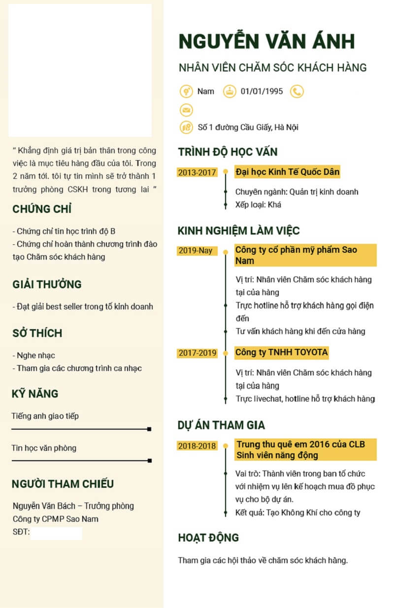 Mẫu CV nhân viên kinh doanh phong cách chỉn chu