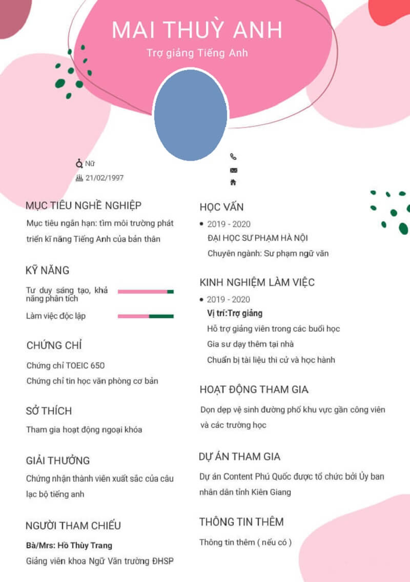 Mẫu CV trợ giảng tiếng anh phong cách năng động