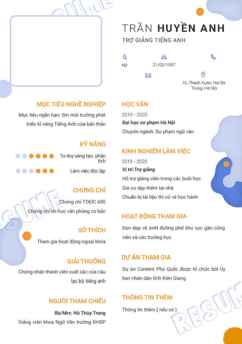 Mẫu CV trợ giảng tiếng anh phong cách sáng tạo