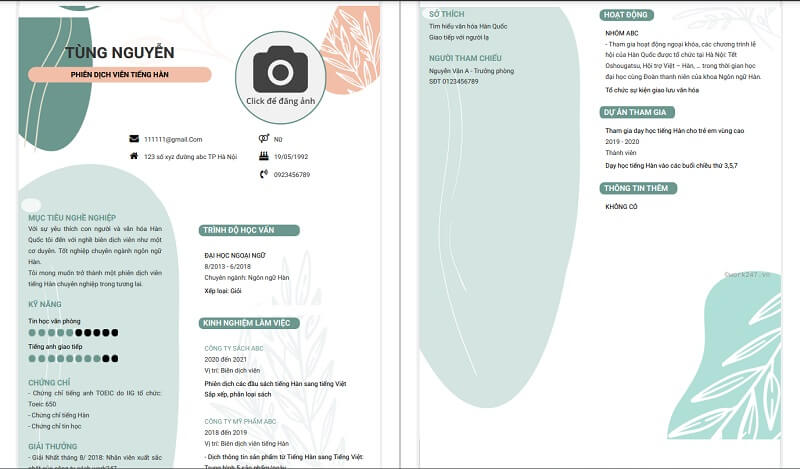 Mẫu CV xin việc phiên dịch tiếng Hàn Quốc viết bằng tiếng Việt