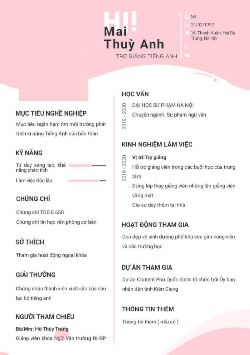 Mẫu CV trợ giảng tiếng anh phong cách tinh tế