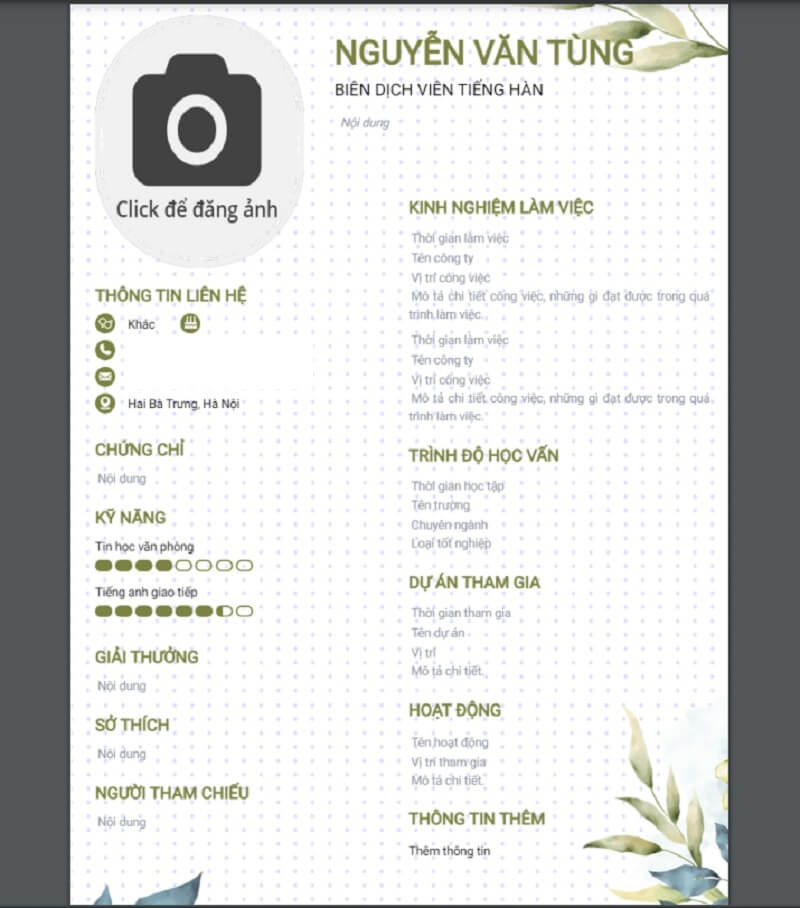 Mẫu CV xin việc phiên dịch tiếng Hàn phong cách tối giản