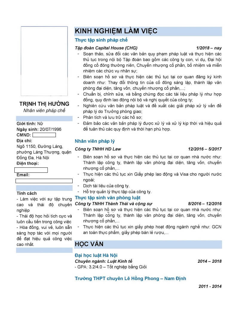 Mẫu CV ngành luật phong cách truyền thống