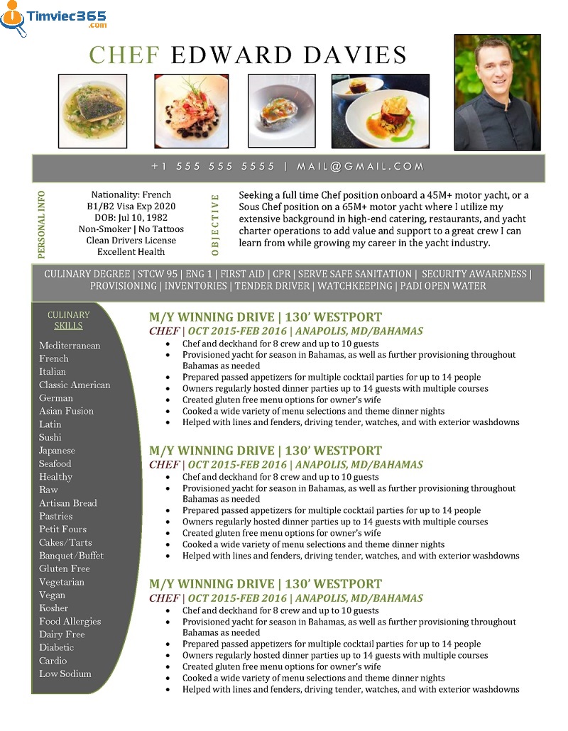 Kinh nghiệm làm việc trên CV xin việc đầu bếp