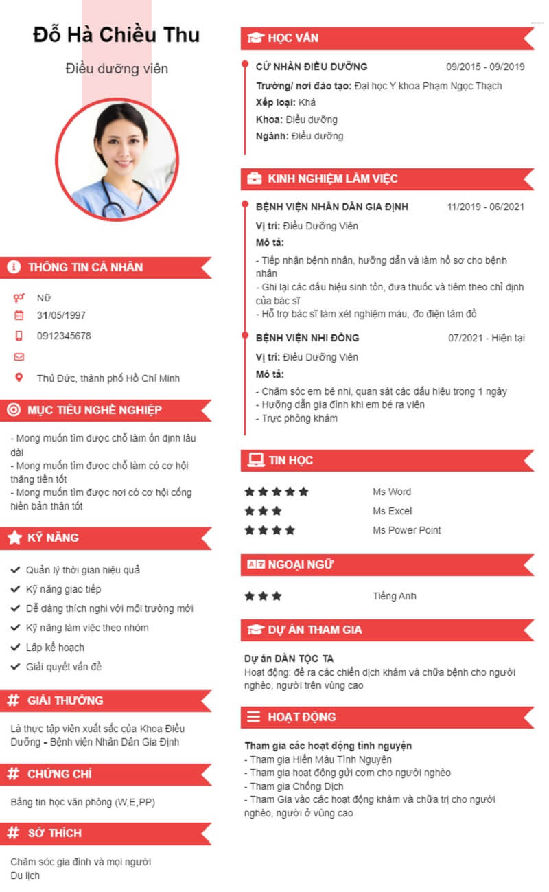 Mẫu CV xin việc điều dưỡng ấn tượng số 1