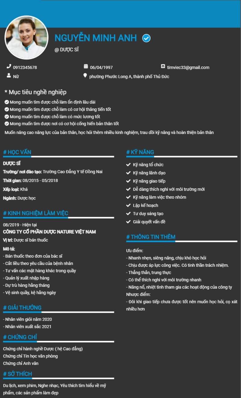 Mẫu CV xin việc điều dưỡng ấn tượng số 3