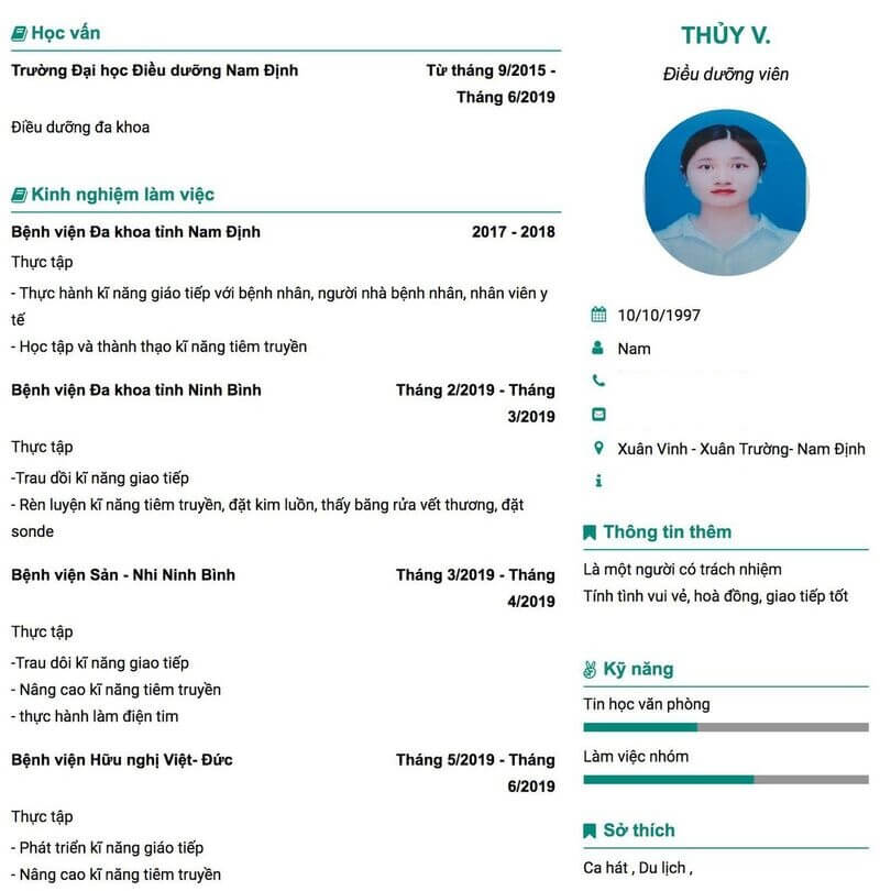 Mẫu CV xin việc điều dưỡng ấn tượng số 4