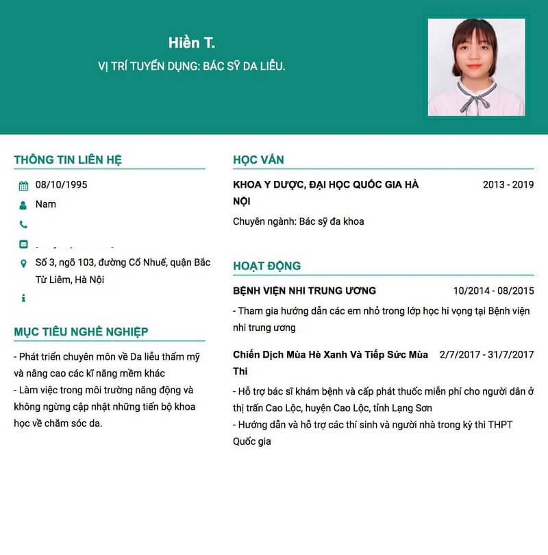 Mẫu CV xin việc điều dưỡng ấn tượng số 6