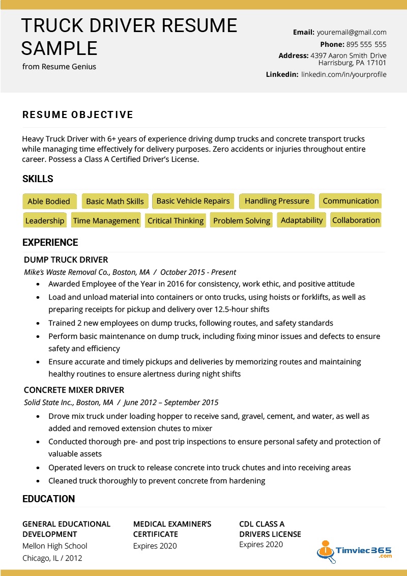 Sản phẩm CV xin việc lái xe
