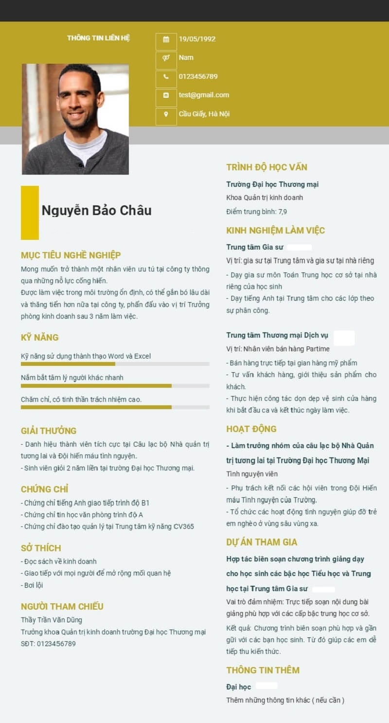 Mẫu CV xin việc phục vụ với người chưa có kinh nghiệm