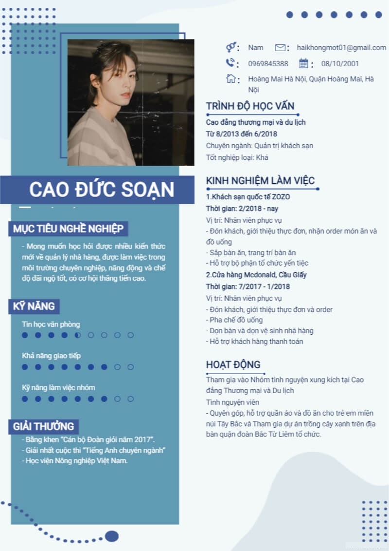 Mẫu CV phục vụ nhà hàng theo phong cách năng động