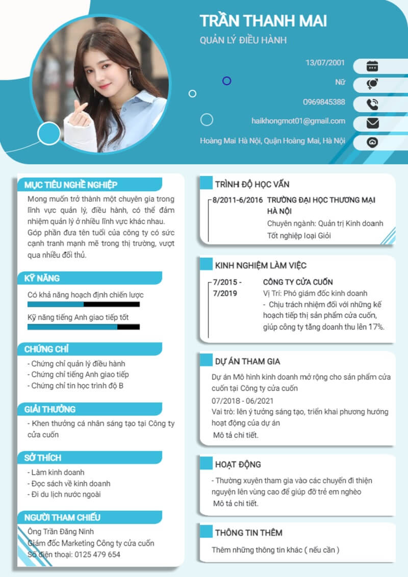 Mẫu CV xin việc quản lý cho người đã có kinh nghiệm