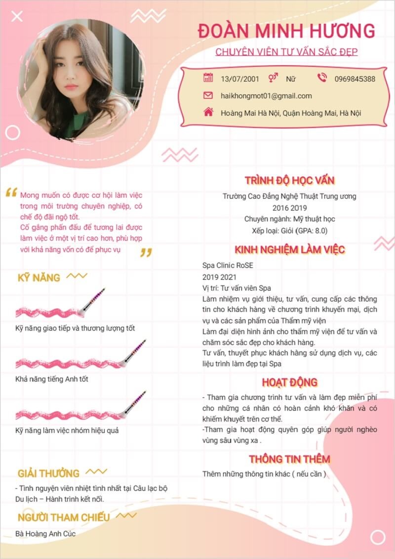 Mẫu CV xin việc ngành Spa dạng năng động