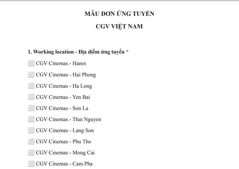 Điền lựa chọn địa điểm mà bạn muốn ứng tuyển trong đơn xin việc CGV