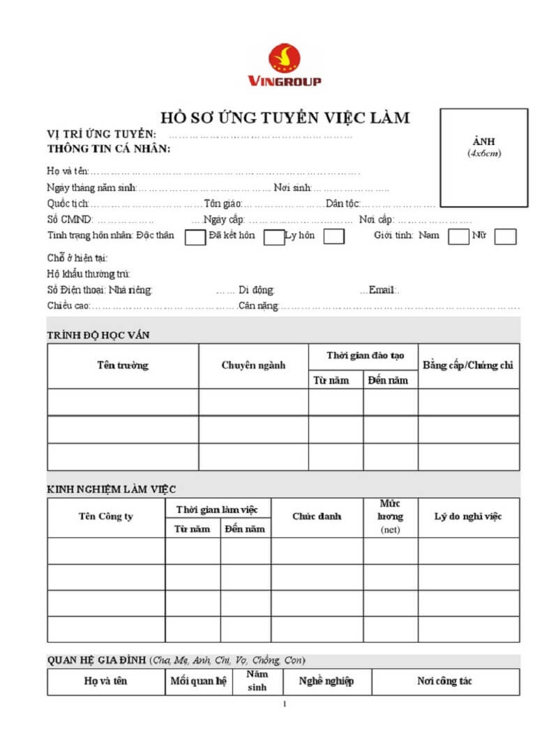 Đơn ứng tuyển Vingroup