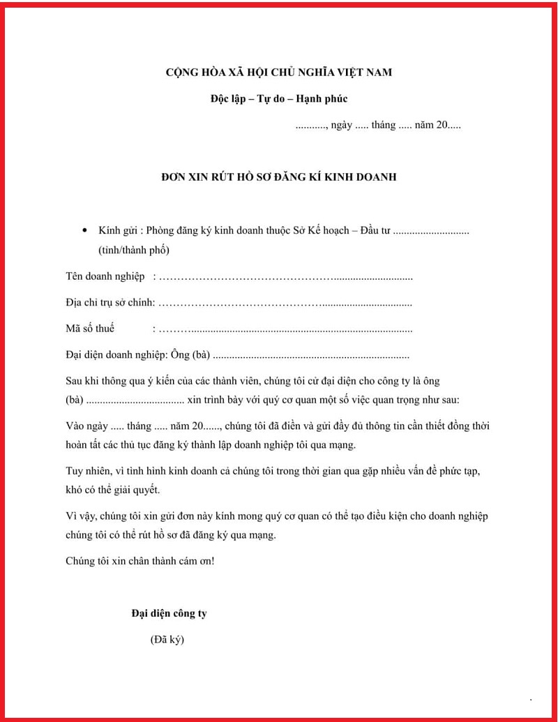 Đơn xin rút hồ sơ đăng ký doanh nghiệp