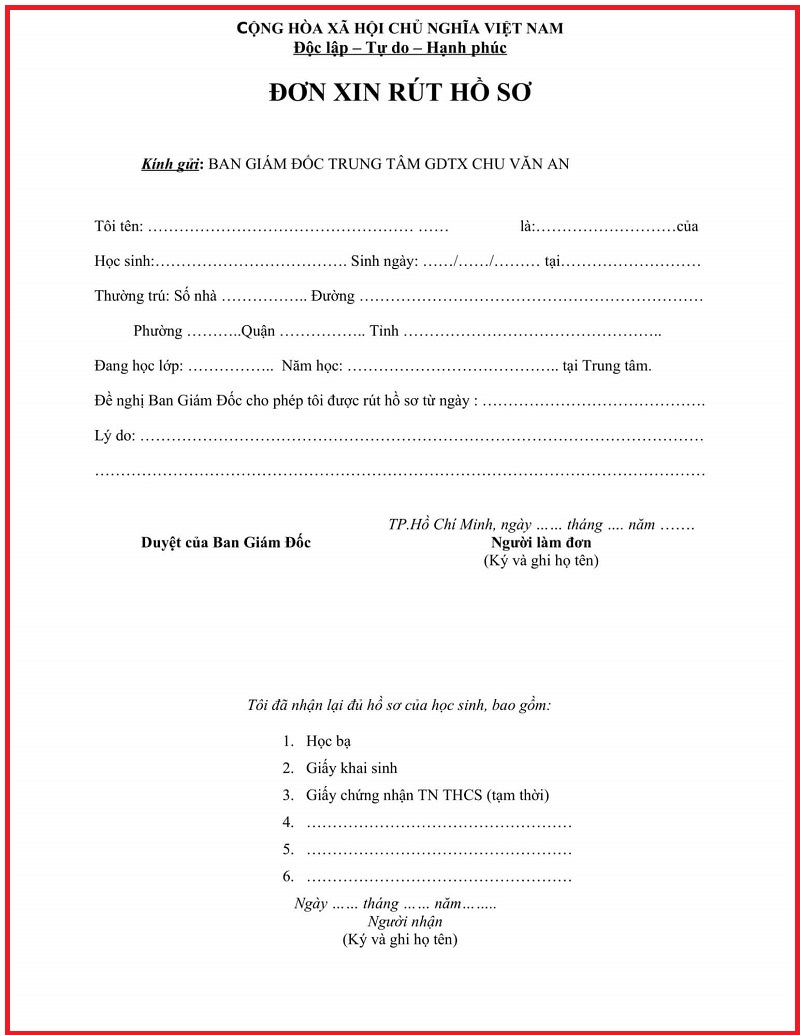 Đơn xin rút hồ sơ chuyển trường