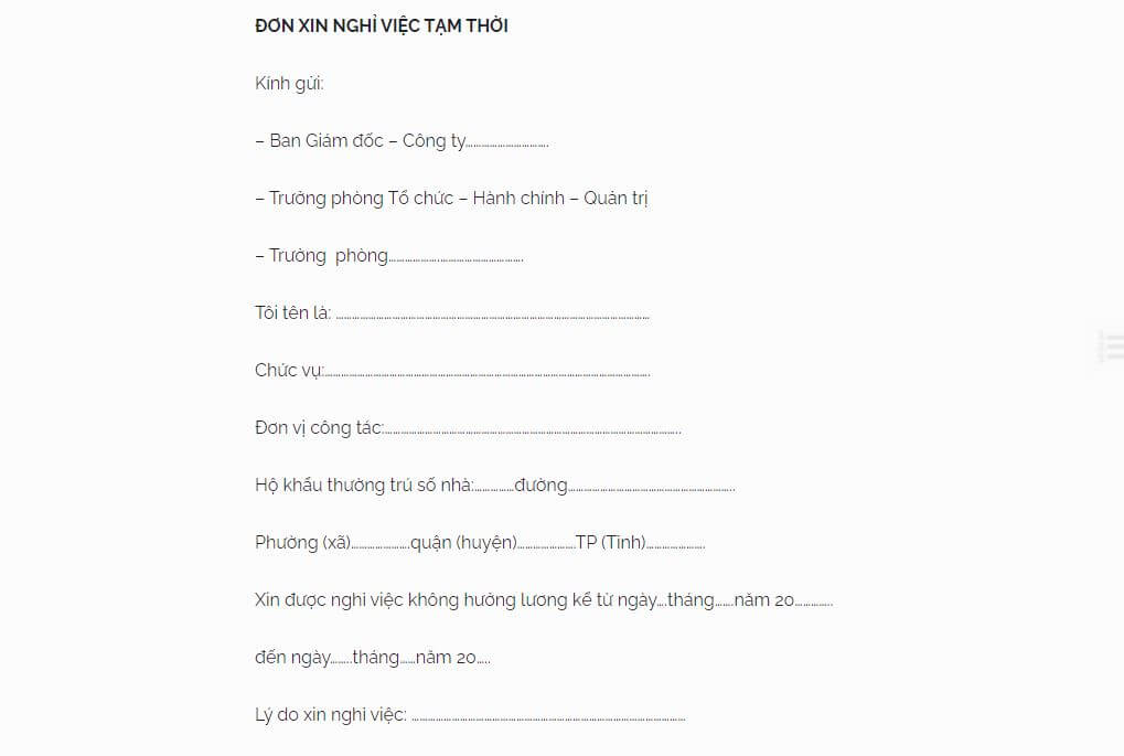 Phần về lý do xin tạm nghỉ việc