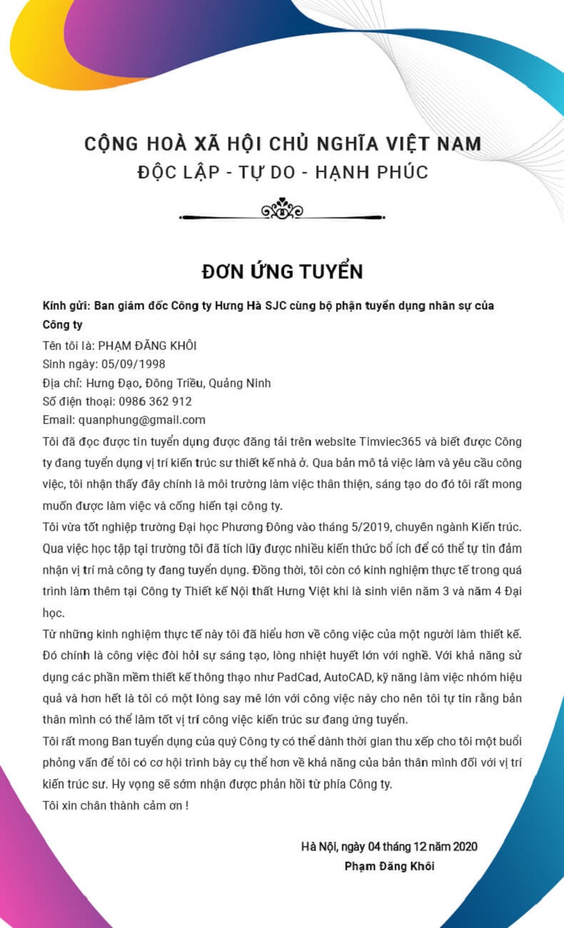 Đơn xin việc kiến trúc sư