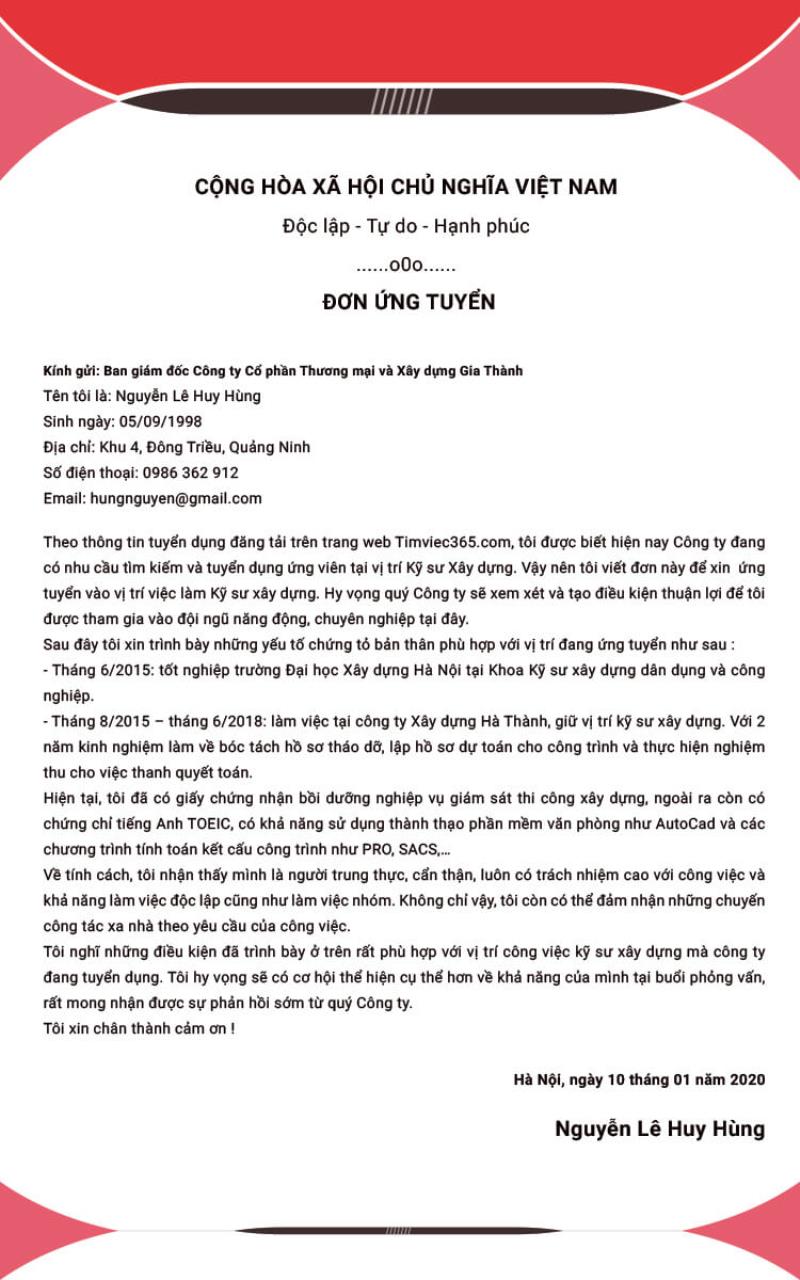 Đơn xin việc kỹ sư xây dựng