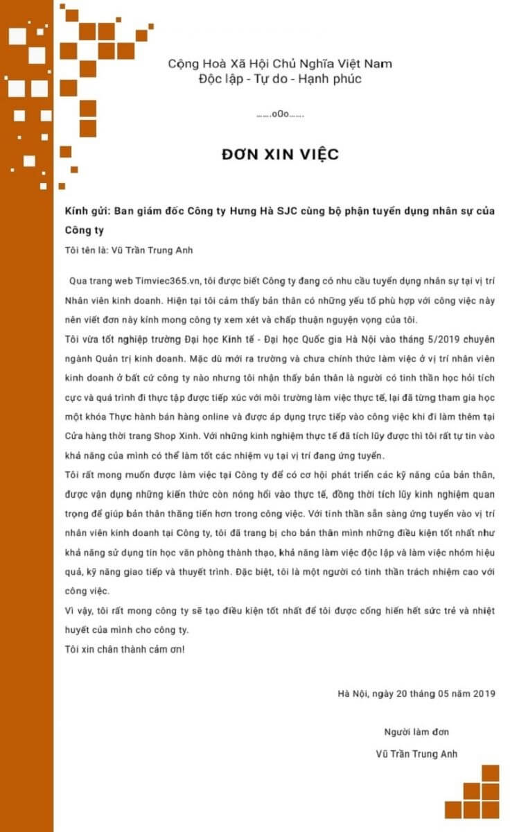 Những nội dung cần có trong đơn xin việc cho sinh viên mới ra trường