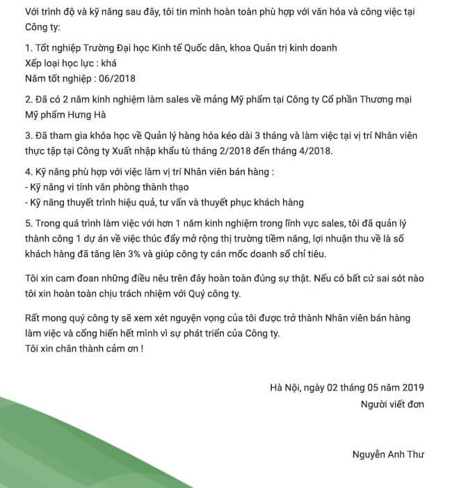 Về nội dung bên trong của mẫu đơn xin việc