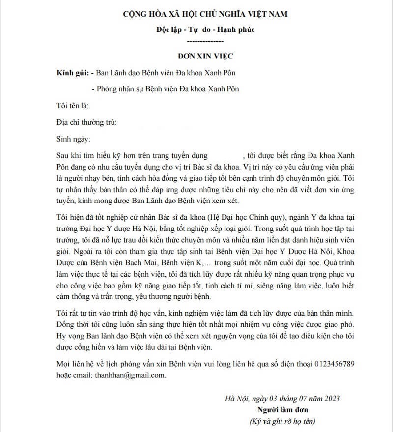 Bố cục của đơn xin việc y tế