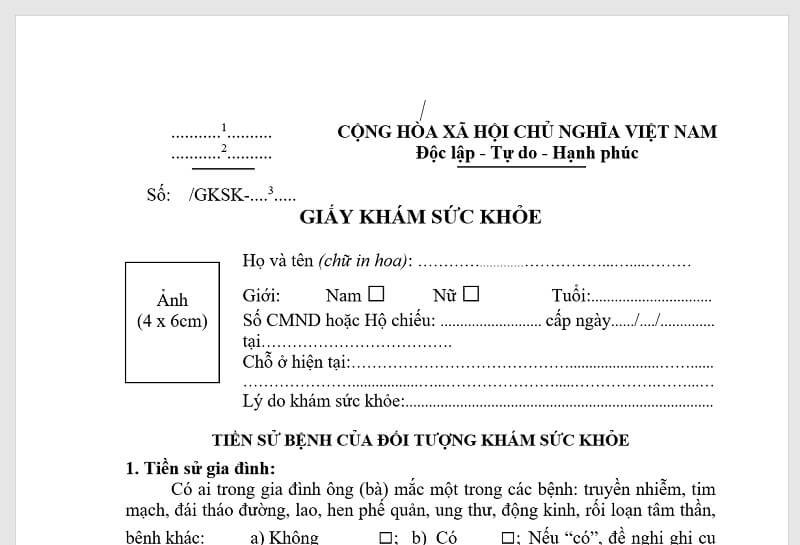 Giấy khám sức khỏe trong  mẫu hồ sơ xin việc