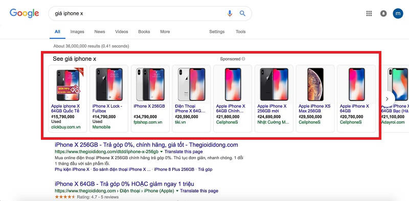 Ví dụ về google shopping ads