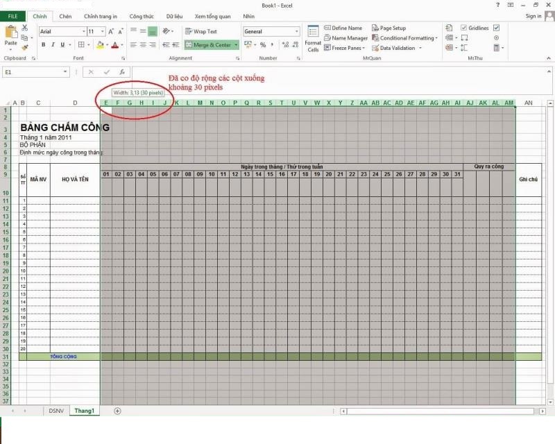 Hàm công thức sử dụng để tạo bảng chấm công xây dựng