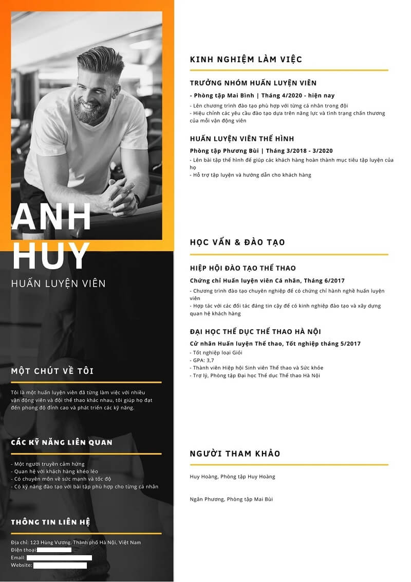 Mẫu CV xin việc huấn luyện viên thể hình phong cách hiện đại