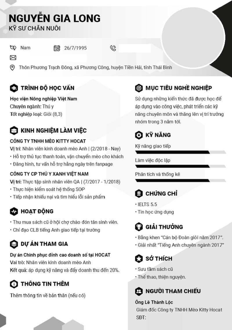 Mẫu CV xin việc thú y phong cách hiện đại