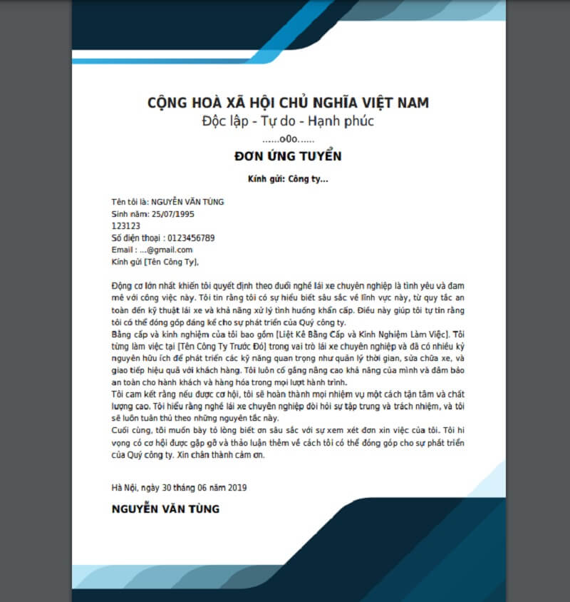 Hình thức của mẫu đơn xin việc lái xe