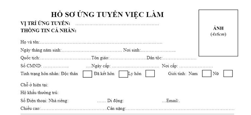 Phần thông tin cá nhân trong mẫu hồ sơ ứng tuyển Vinfast