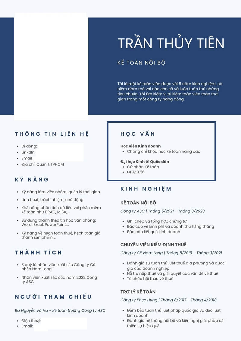 Trình độ học vấn trong CV Kế toán nội bộ