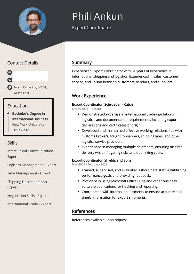 Phần trình độ học vấn trong mẫu CV xuất nhập khẩu bằng tiếng Anh