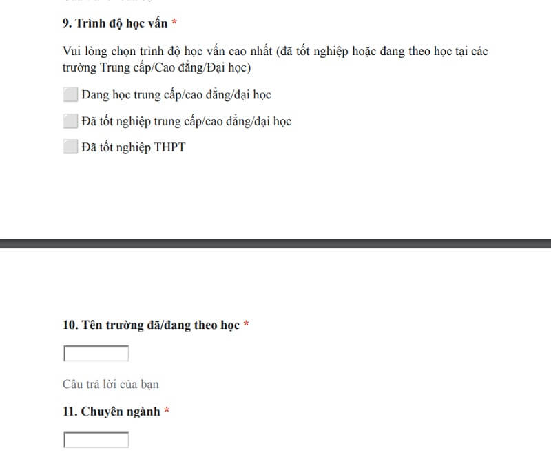 Viết phần trình độ học vấn trong đơn xin việc CGV