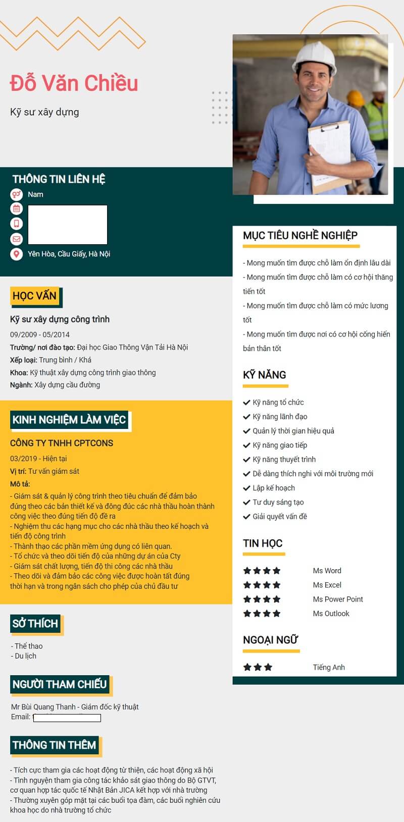 CV xin việc ngành xây dựng dạng kết hợp