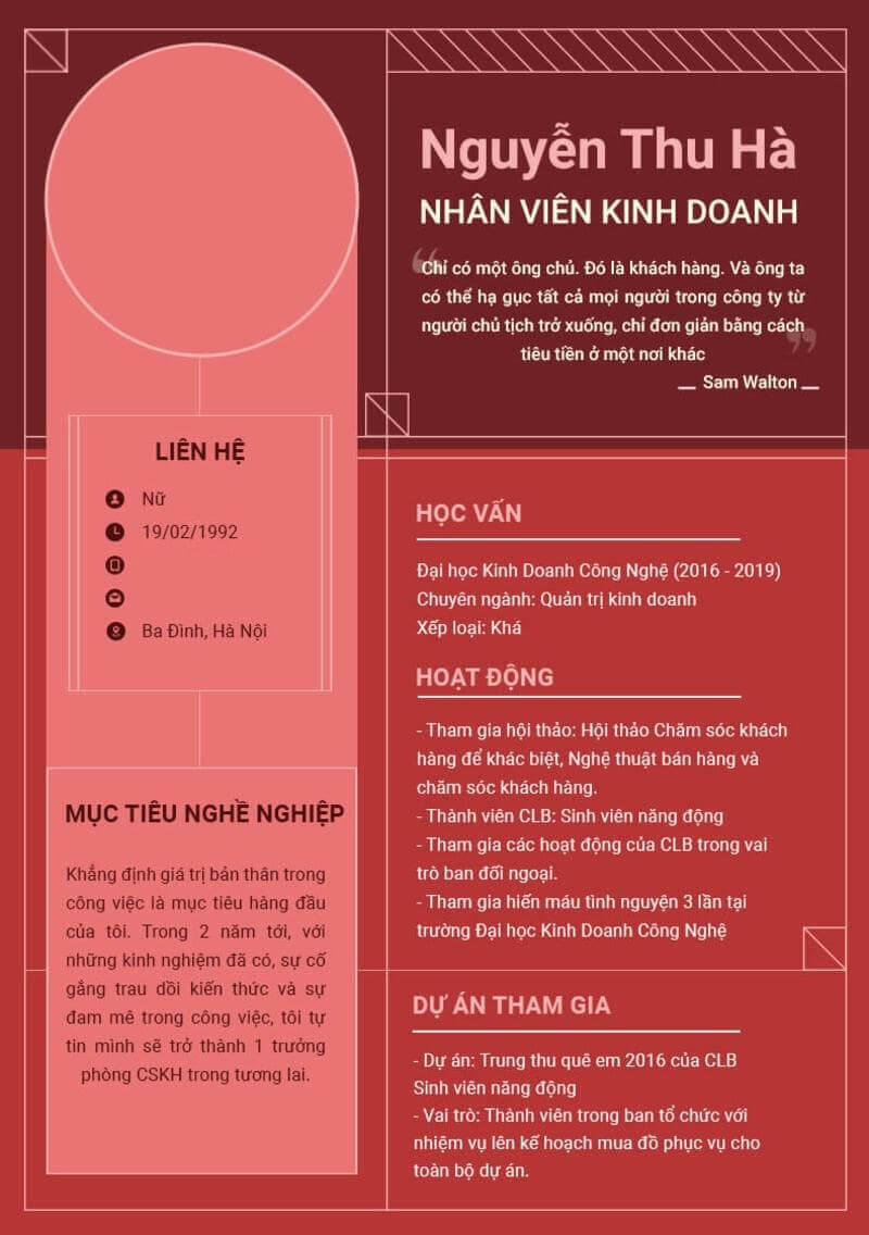 CV nhân viên kinh doanh mỹ phẩm