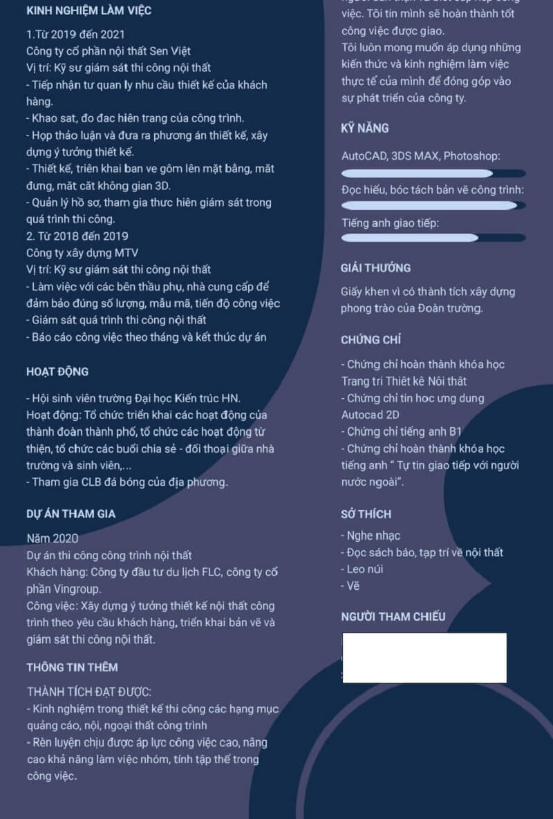 Kinh nghiệm làm việc trong CV xin việc kiến trúc sư