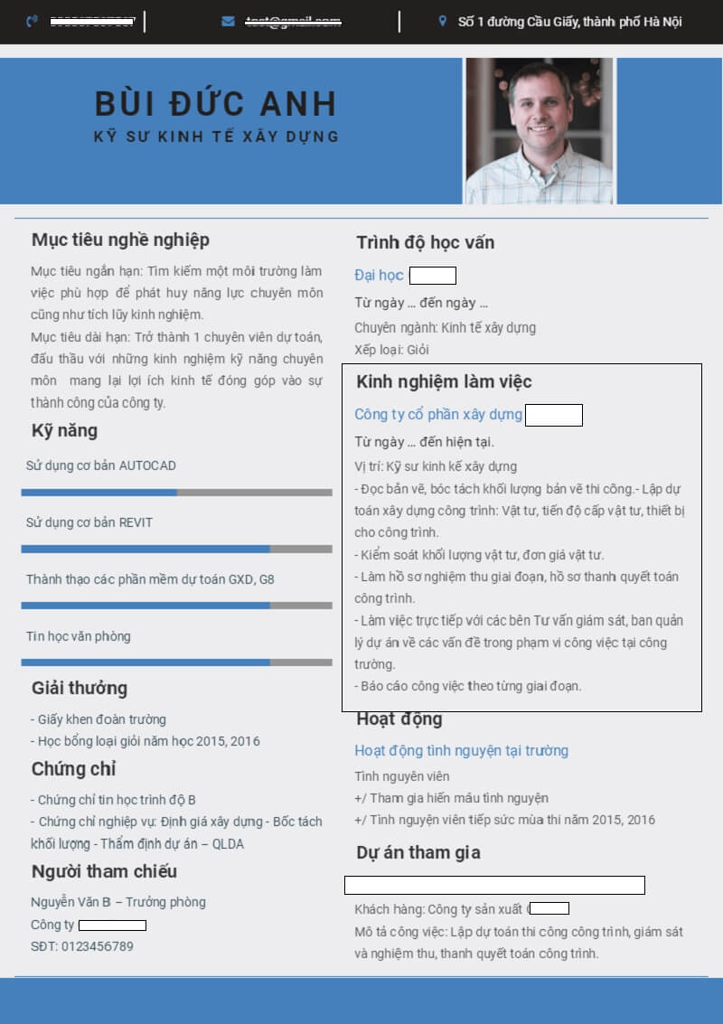 Phần kinh nghiệm làm việc trong bản CV xây dựng