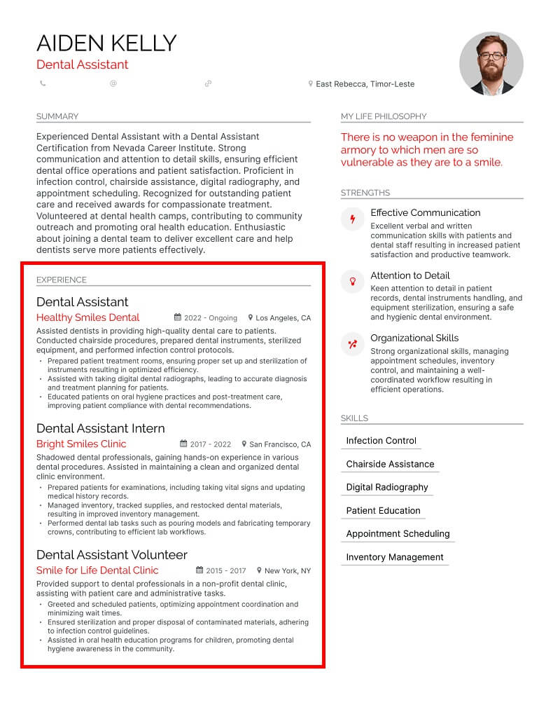 Phần kinh nghiệm làm việc trong CV phụ tá nha khoa