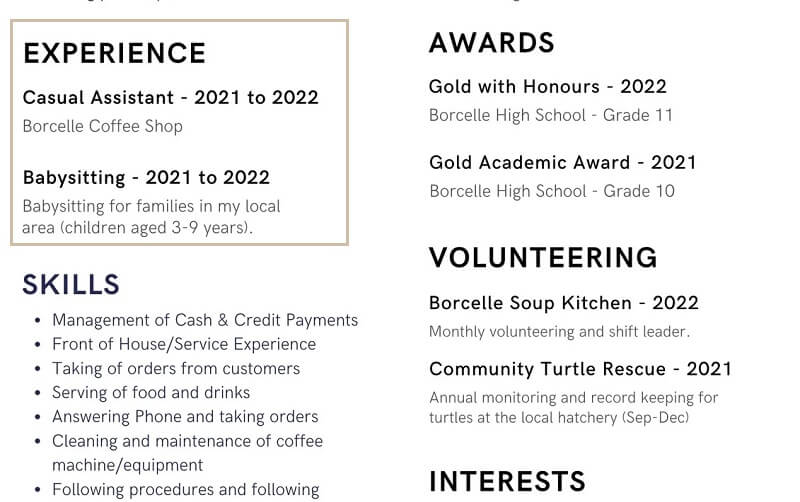 Kinh nghiệm làm việc trong CV xin việc học sinh cấp 3