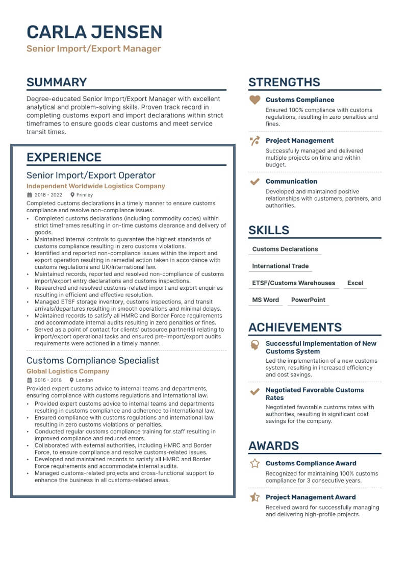 Phần kinh nghiệm làm việc trong mẫu CV xuất nhập khẩu bằng tiếng Anh