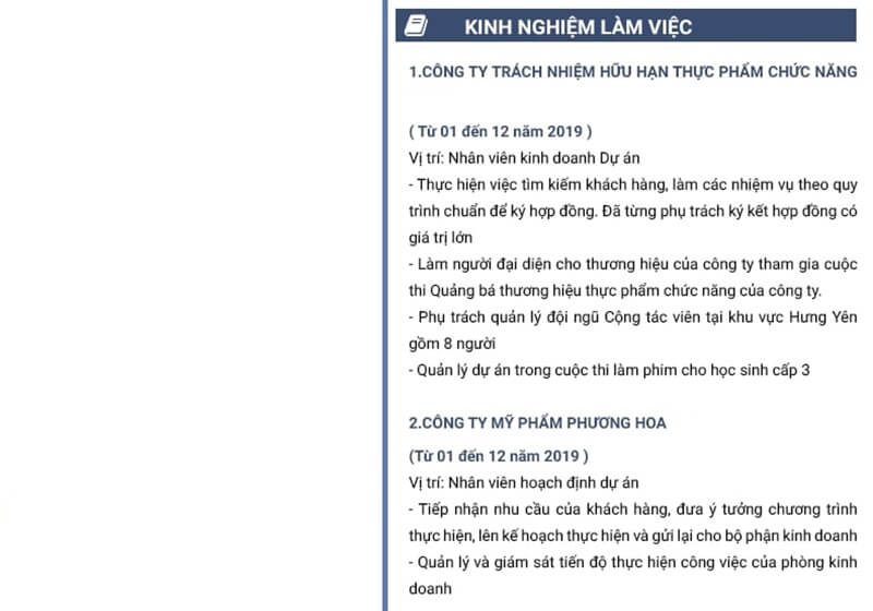 Phần kinh nghiệm làm việc trong mẫu CV xin việc Hoạch định dự án