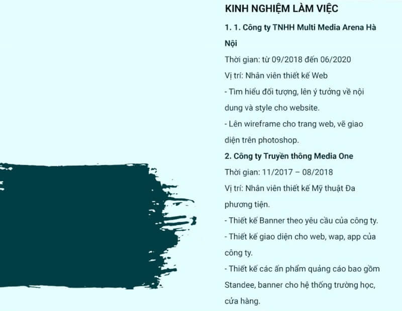 Phần kinh nghiệm làm việc trong mẫu CV thiết kế mỹ thuật