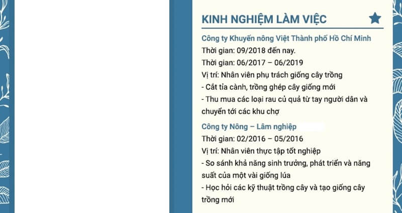 Phần kinh nghiệm làm việc trong CV Nông - Lâm Ngư Nghiệp